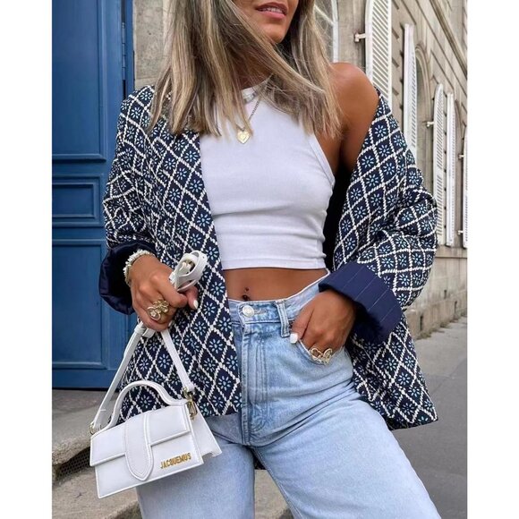 Women's Floral Quilted Jackets Cropped Button Down Padded Puffer Jacket Navy - Picture 4 of 8